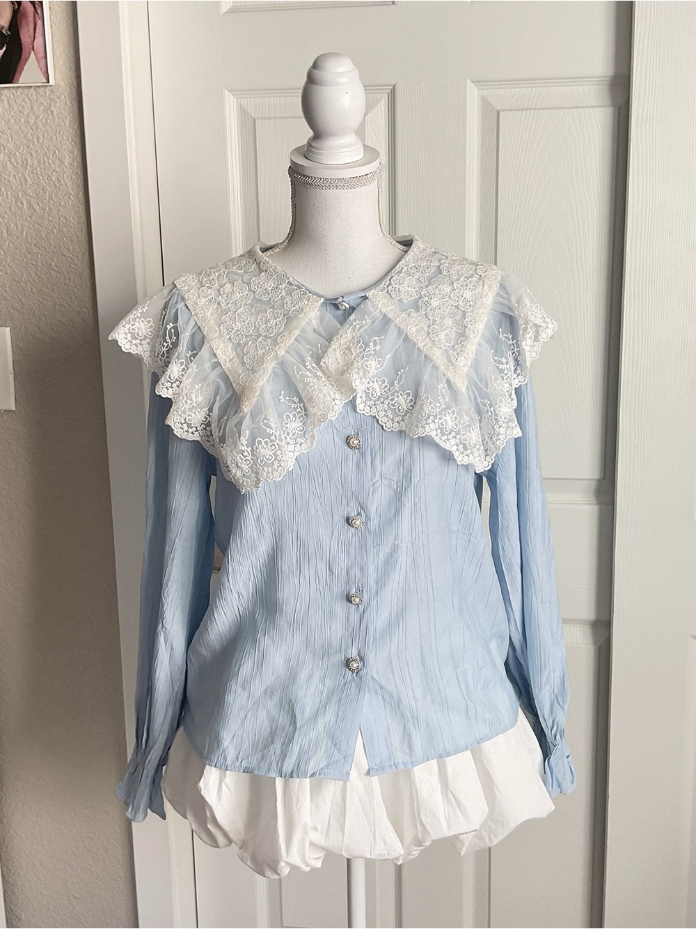 Light Blue Women's Blouse with White Lace Collar